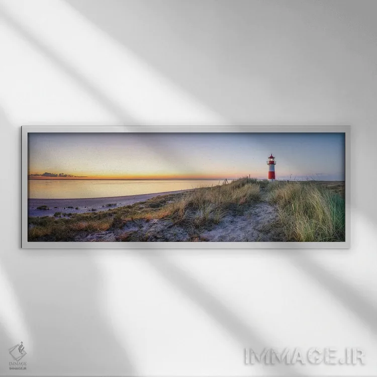 تابلو North Sea coast, Island of Sylt, Germany,طلوع آفتاب در فانوس دریایی لیست اوست، ساحل دریای شمال، جزیرهٔ زولت، آلمان اثر یان بکه - نمای قابدار سفید