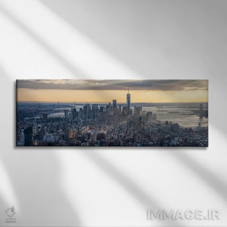 تابلو New York City, USA,پانورامای خط افق منهتن جنوبی در غروب، شهر نیویورک، ایالات متحده آمریکا اثر یان بکه - نمای روبهرو روی دیوار