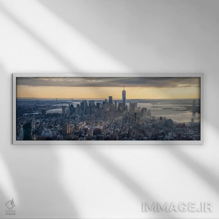 تابلو New York City, USA,پانورامای خط افق منهتن جنوبی در غروب، شهر نیویورک، ایالات متحده آمریکا اثر یان بکه - نمای قابدار سفید