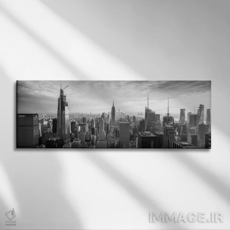 تابلو پانورامای خط افق شهر نیویورک به صورت سیاه و سفید اثر یان بکه - نمای روبهرو روی دیوار