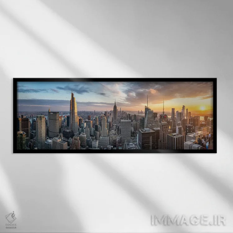 تابلو پانورامای غروب شهر نیویورک اثر یان بکه - نمای قابدار مشکی