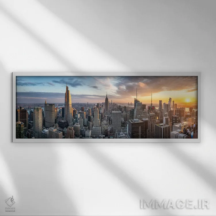 تابلو پانورامای غروب شهر نیویورک اثر یان بکه - نمای قابدار سفید