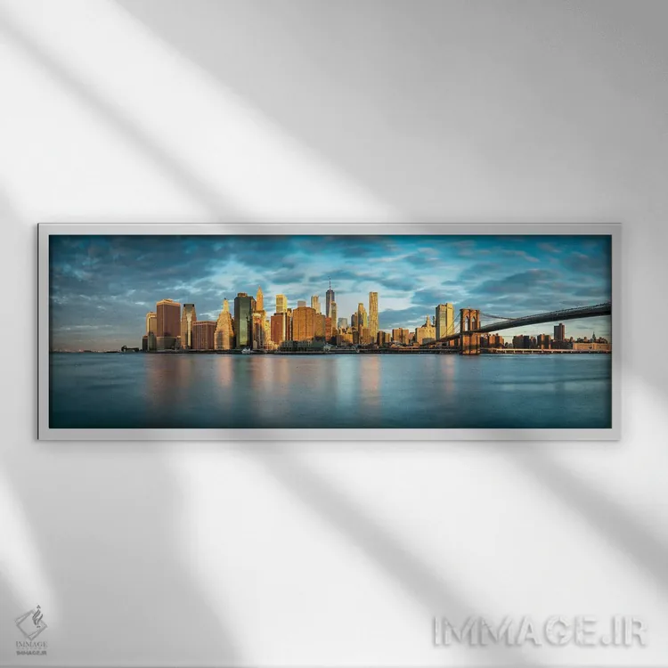 تابلو پانورامای خط افق منهتن جنوبی با پل بروکلین اثر یان بکه - نمای قابدار سفید