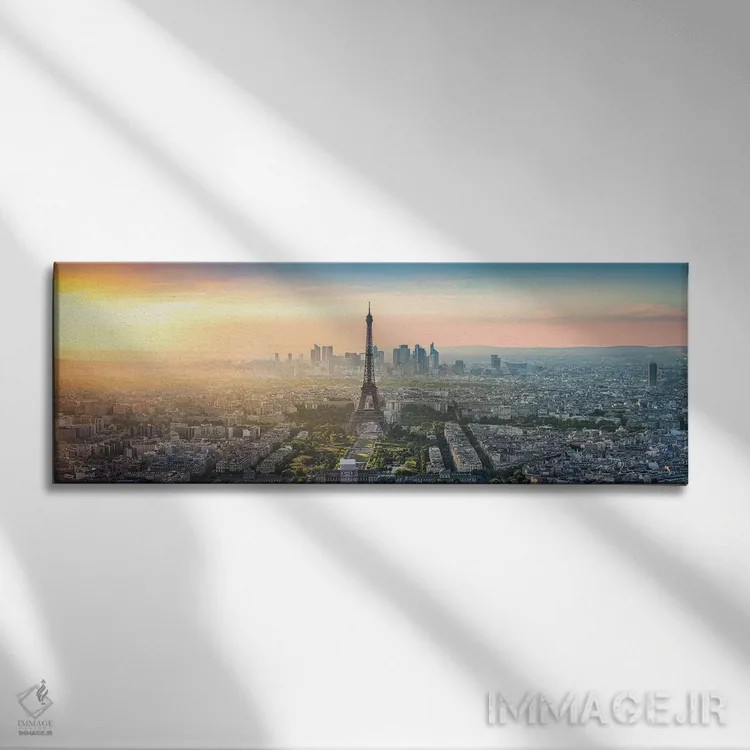 تابلو پانورامای خط افق پاریس با برج ایفل (فرانسه) اثر یان بکه - نمای روبهرو روی دیوار