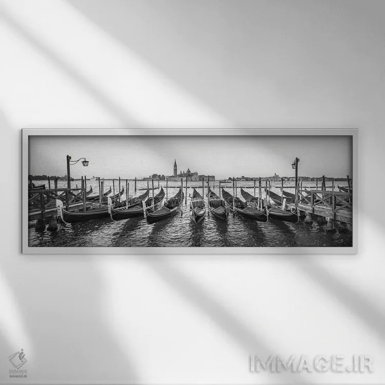 تابلو Venice, Italy,نمای پانورامی از سن جورجو ماجوره به همراه گوندولاها، ونیز، ایتالیا اثر یان بکه - نمای قابدار سفید