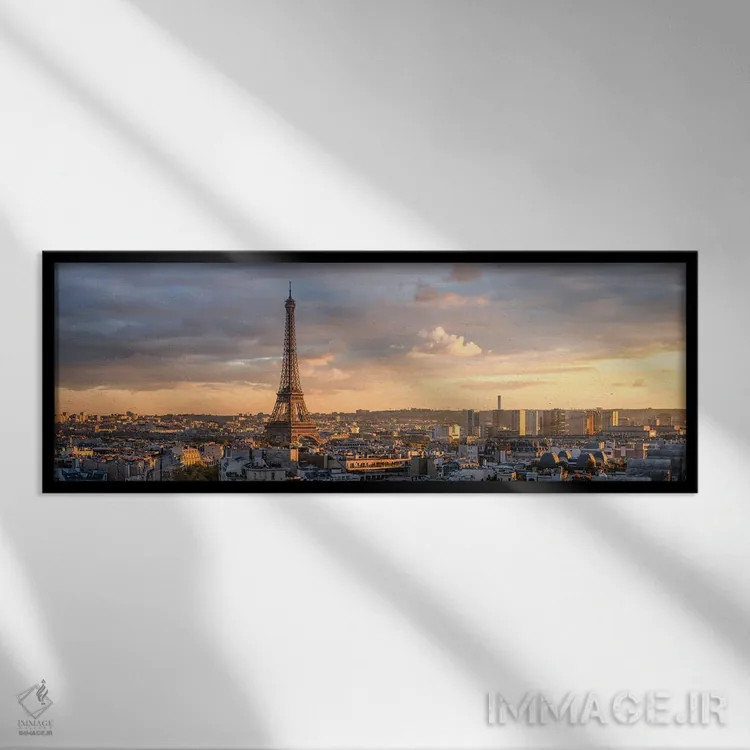 تابلو خط آسمان پاریس در غروب با منظره برج ایفل اثر یان بکه - نمای قابدار مشکی
