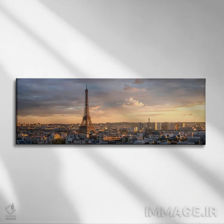 تابلو خط آسمان پاریس در غروب با منظره برج ایفل اثر یان بکه - نمای روبهرو روی دیوار