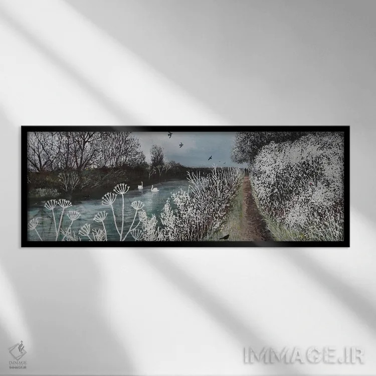 تابلو مسیر کناری رود در زمستان اثر جو گراندی - نمای قابدار مشکی