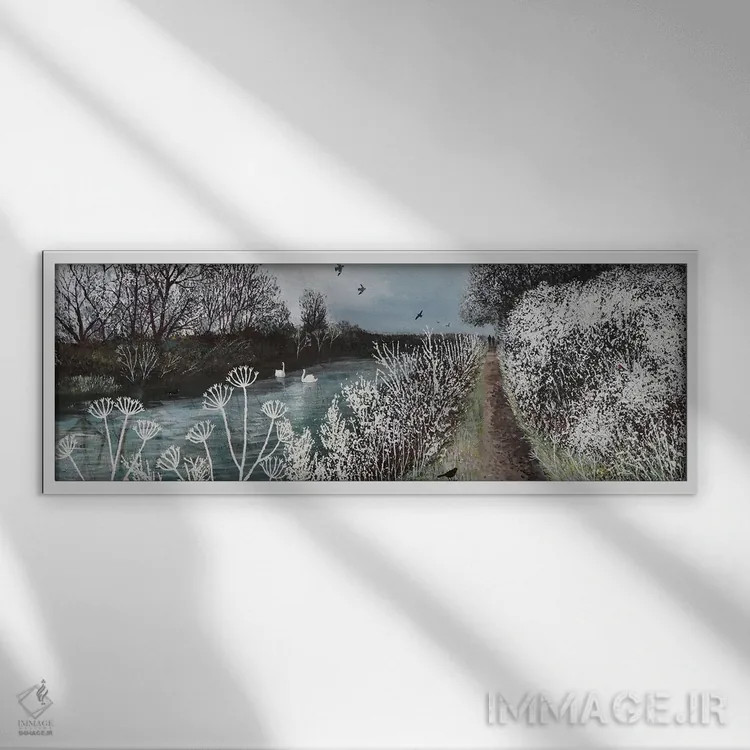 تابلو مسیر کناری رود در زمستان اثر جو گراندی - نمای قابدار سفید