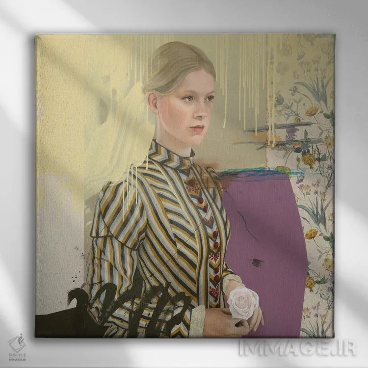 تابلو دختر با گل رز اثر آنیا ولفینگ - نمای روبهرو روی دیوار