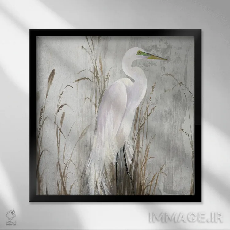 تابلو حواصیل در نیزار اثر ایمی ویلسون - نمای قابدار مشکی