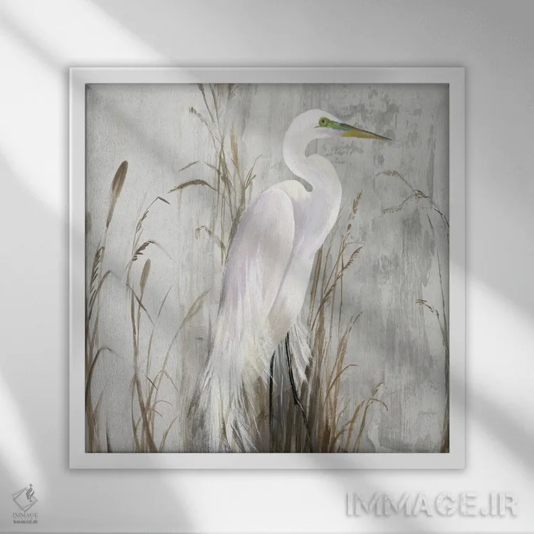 تابلو حواصیل در نیزار اثر ایمی ویلسون - نمای قابدار سفید