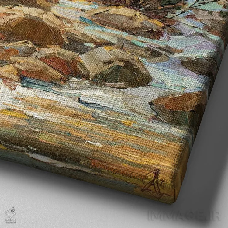 تابلو رود کوهستانی اثر سرگئی الکساندروویچ پوزدیف - نمای نزدیک بافت بوم