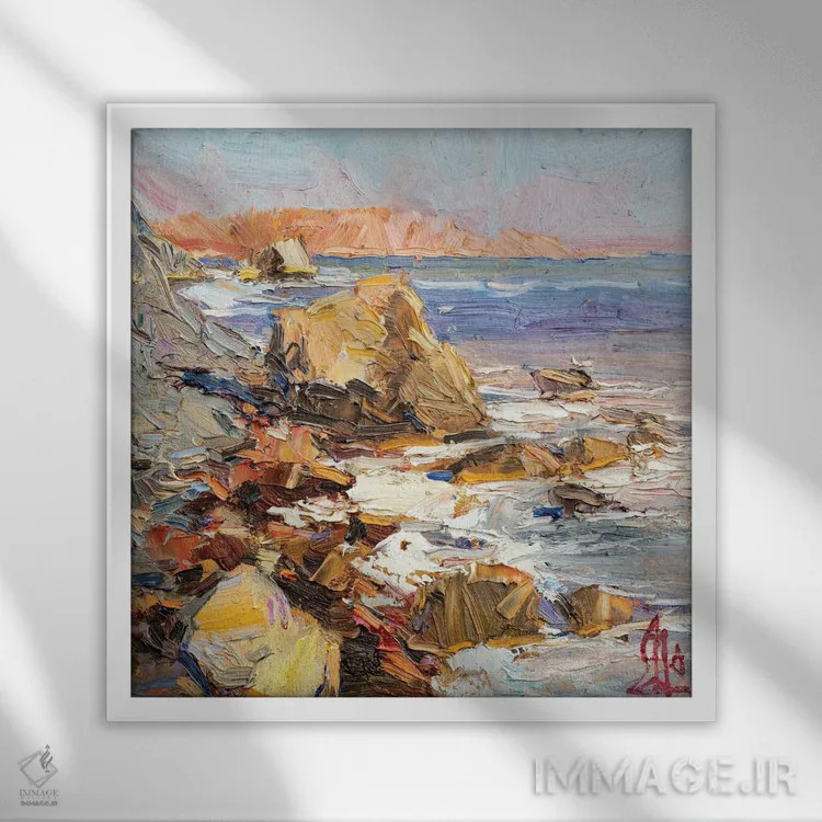 تابلو ساحل صخرهای اثر سرگئی الکساندروویچ پوزدیف - نمای قابدار سفید