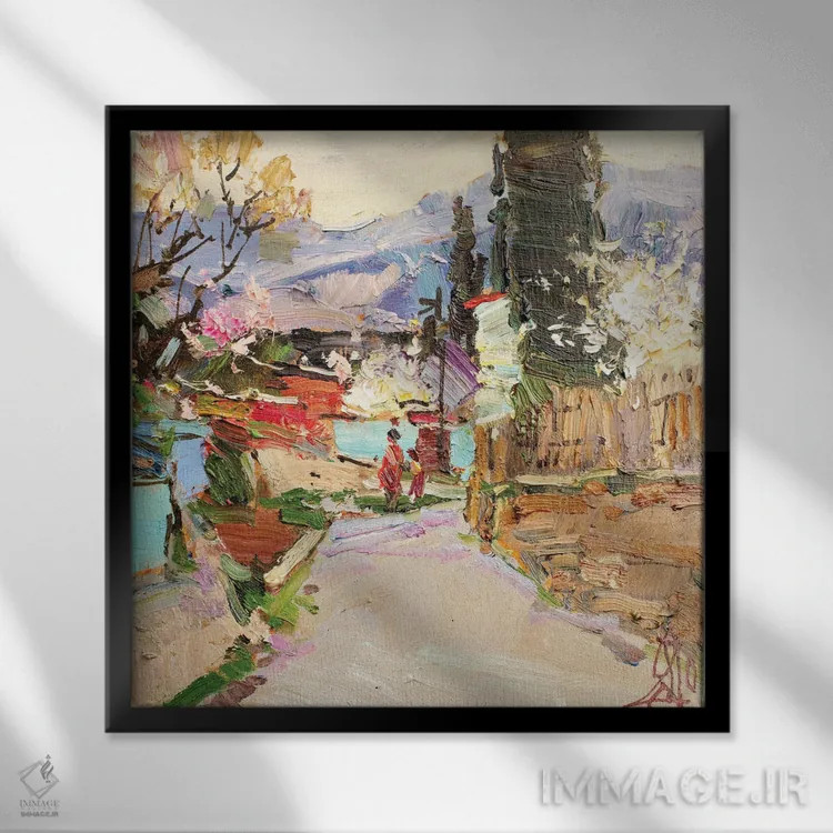 تابلو بهار در روستای کوهستانی اثر سرگئی الکساندروویچ پوزدیف - نمای قابدار مشکی