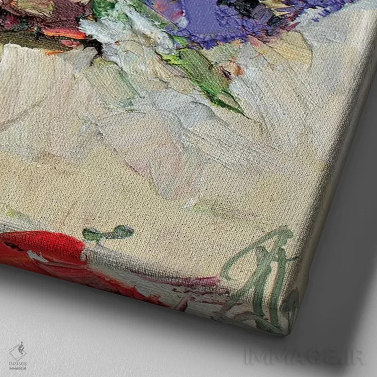 تابلو گلهای بوسهام بده زود (نوع گل) اثر سرگئی الکساندروویچ پوزدیف - نمای نزدیک بافت بوم