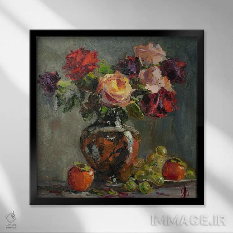 تابلو طبیعت بیجان رز اثر سرگئی الکساندروویچ پوزدیف - نمای قابدار مشکی