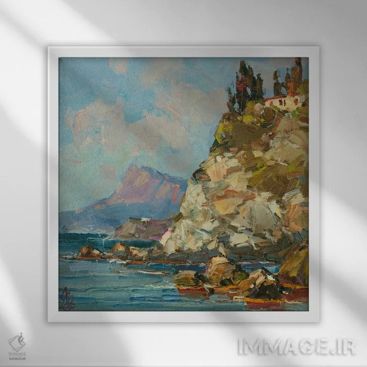 تابلو کلبه بر صخره اثر سرگئی الکساندروویچ پوزدیف - نمای قابدار سفید