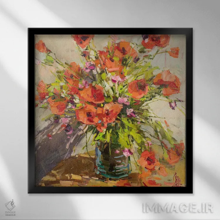 تابلو بهار، شقایقهای دشتی اثر سرگئی الکساندروویچ پوزدیف - نمای قابدار مشکی