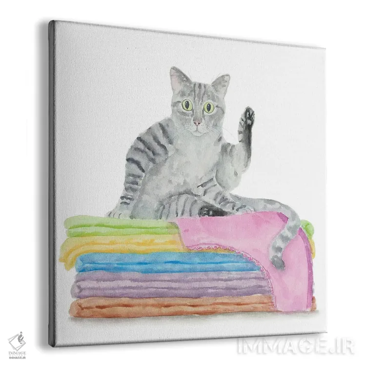 تابلو گربهٔ تیبی خاکستری روی حولهها اثر آلکسی دیمیتریویچ شمیروف - نمای پرسپکتیو محصول