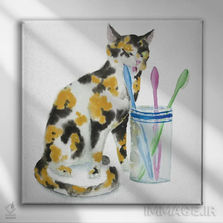 تابلو گربهٔ کالیکو و مسواکها اثر آلکسی دیمیتریویچ شمیروف - نمای روبهرو روی دیوار