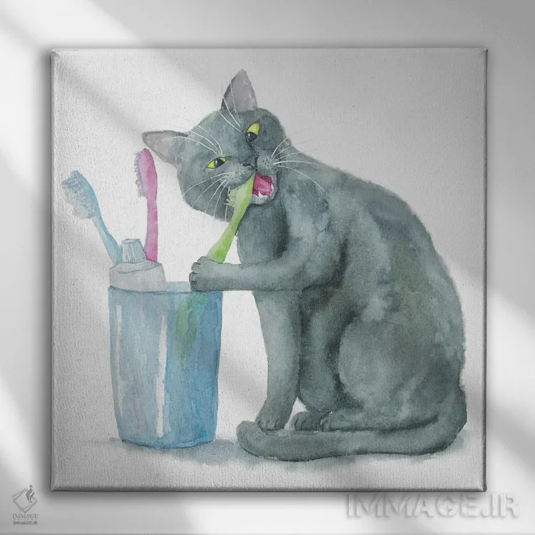 تابلو گربهٔ بریتانیایی و مسواکها اثر آلکسی دیمیتریویچ شمیروف - نمای روبهرو روی دیوار