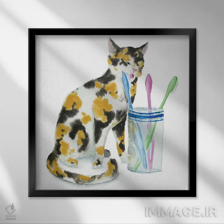 تابلو گربهٔ کالیکو و مسواکها اثر آلکسی دیمیتریویچ شمیروف - نمای قابدار مشکی