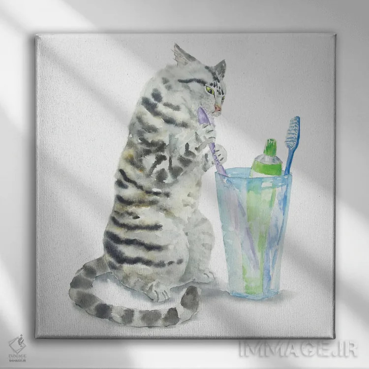 تابلو گربهٔ تیبی خاکستری و مسواکها اثر آلکسی دیمیتریویچ شمیروف - نمای روبهرو روی دیوار