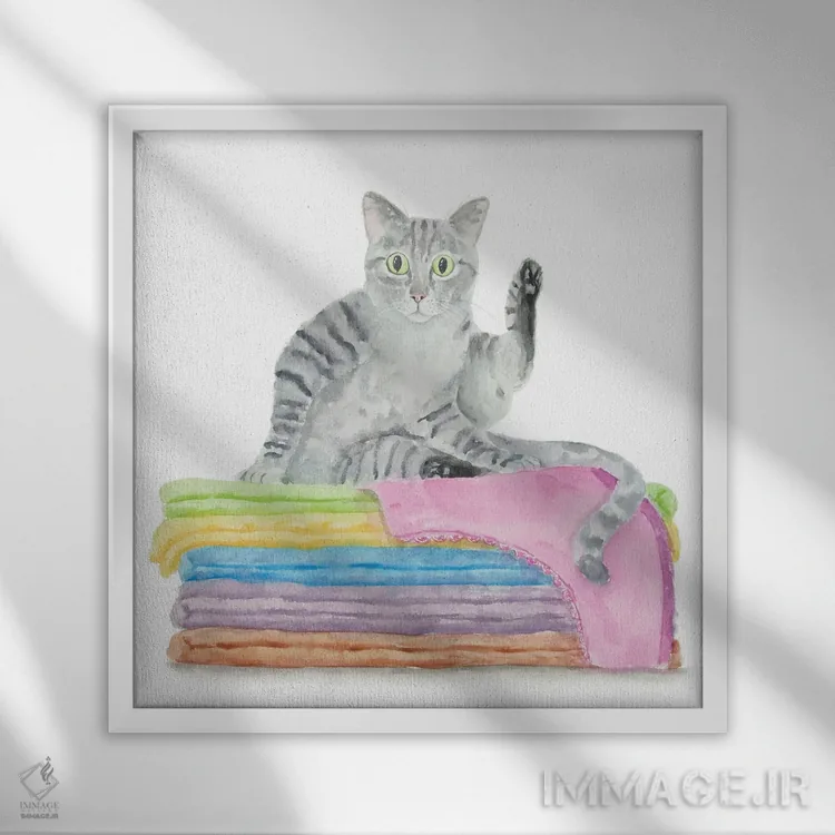 تابلو گربهٔ تیبی خاکستری روی حولهها اثر آلکسی دیمیتریویچ شمیروف - نمای قابدار سفید