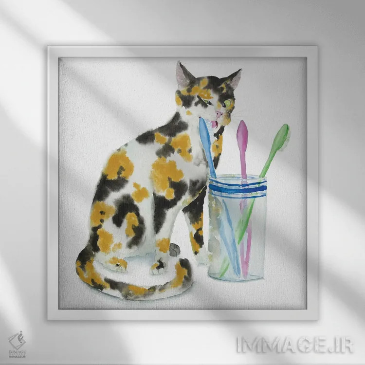 تابلو گربهٔ کالیکو و مسواکها اثر آلکسی دیمیتریویچ شمیروف - نمای قابدار سفید