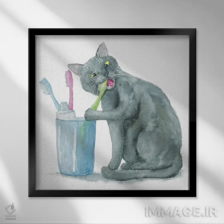 تابلو گربهٔ بریتانیایی و مسواکها اثر آلکسی دیمیتریویچ شمیروف - نمای قابدار مشکی