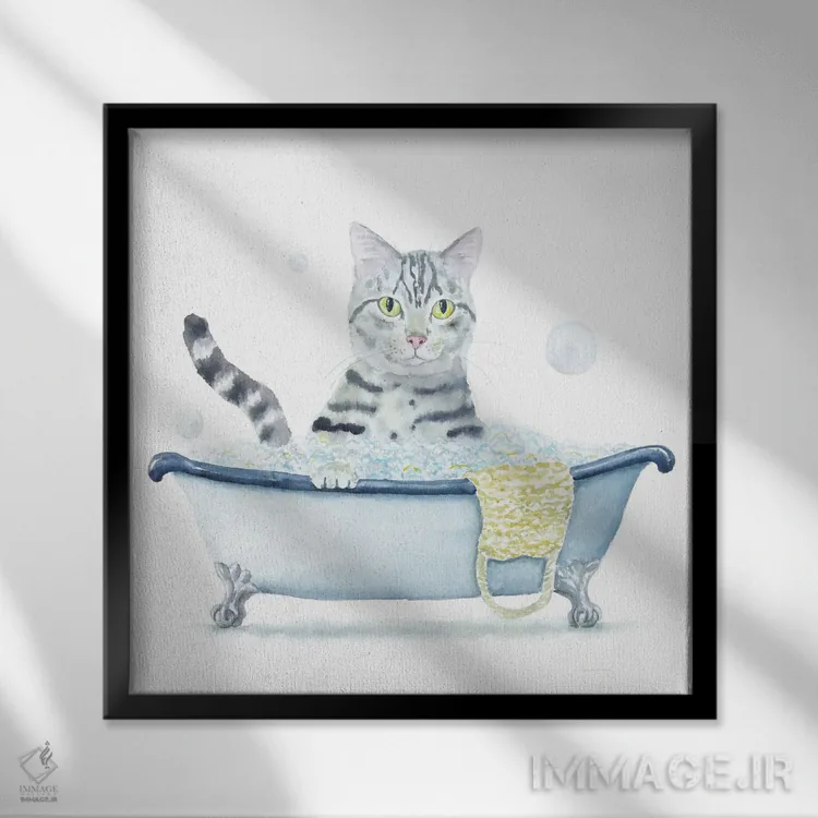 تابلو گربهٔ تیبی خاکستری در وان اثر آلکسی دیمیتریویچ شمیروف - نمای قابدار مشکی