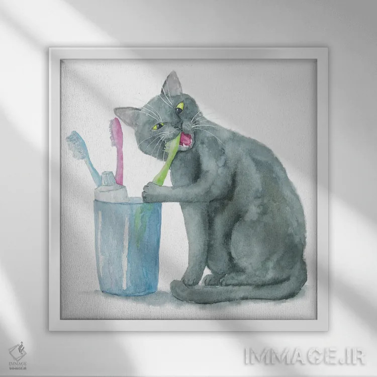تابلو گربهٔ بریتانیایی و مسواکها اثر آلکسی دیمیتریویچ شمیروف - نمای قابدار سفید