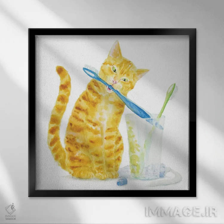 تابلو گربهٔ نارنجی و مسواکها اثر آلکسی دیمیتریویچ شمیروف - نمای قابدار مشکی