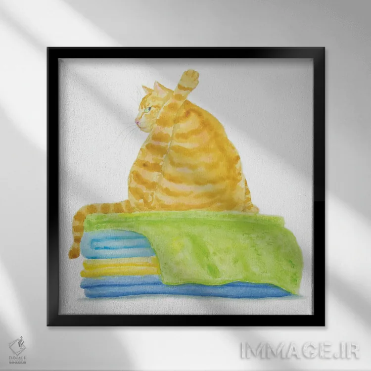 تابلو گربهٔ نارنجی روی حولهها اثر آلکسی دیمیتریویچ شمیروف - نمای قابدار مشکی