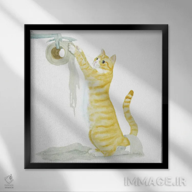 تابلو گربهٔ نارنجی سفید و دستمال توالت اثر آلکسی دیمیتریویچ شمیروف - نمای قابدار مشکی