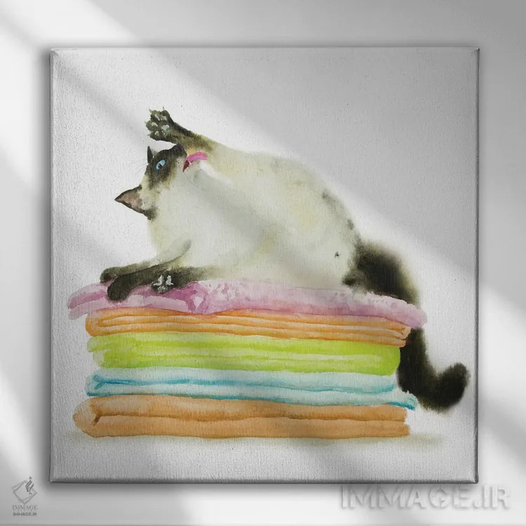 تابلو گربهٔ سیامی رگدال روی حولهها اثر آلکسی دیمیتریویچ شمیروف - نمای روبهرو روی دیوار