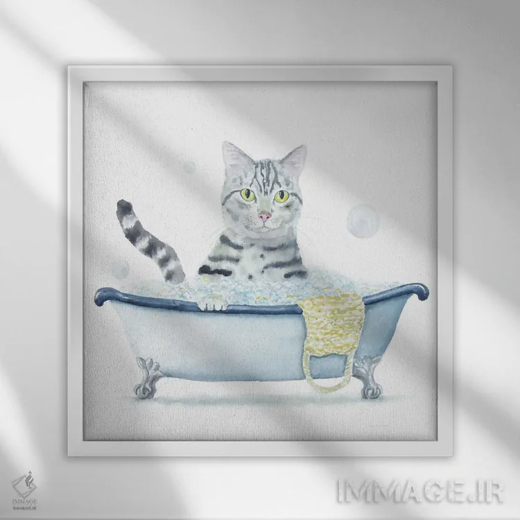 تابلو گربهٔ تیبی خاکستری در وان اثر آلکسی دیمیتریویچ شمیروف - نمای قابدار سفید