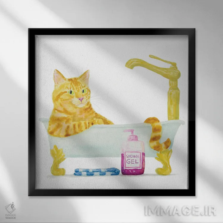 تابلو گربهٔ نارنجی در وان اثر آلکسی دیمیتریویچ شمیروف - نمای قابدار مشکی