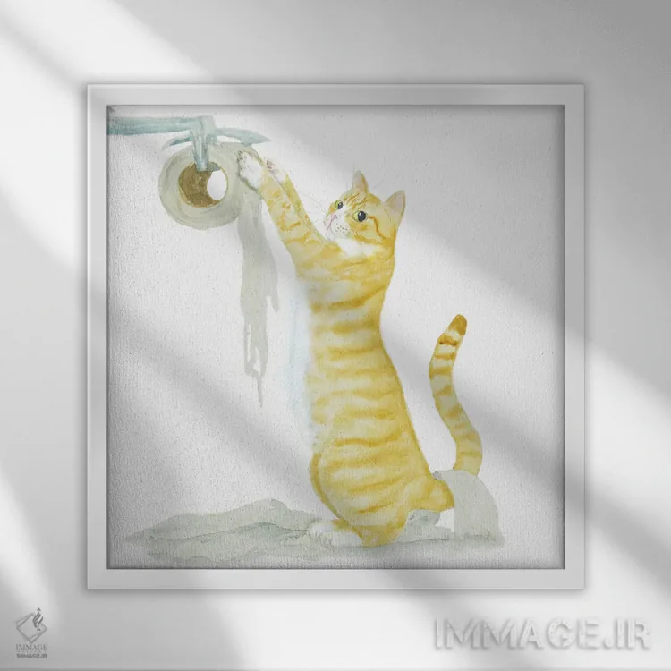 تابلو گربهٔ نارنجی سفید و دستمال توالت اثر آلکسی دیمیتریویچ شمیروف - نمای قابدار سفید