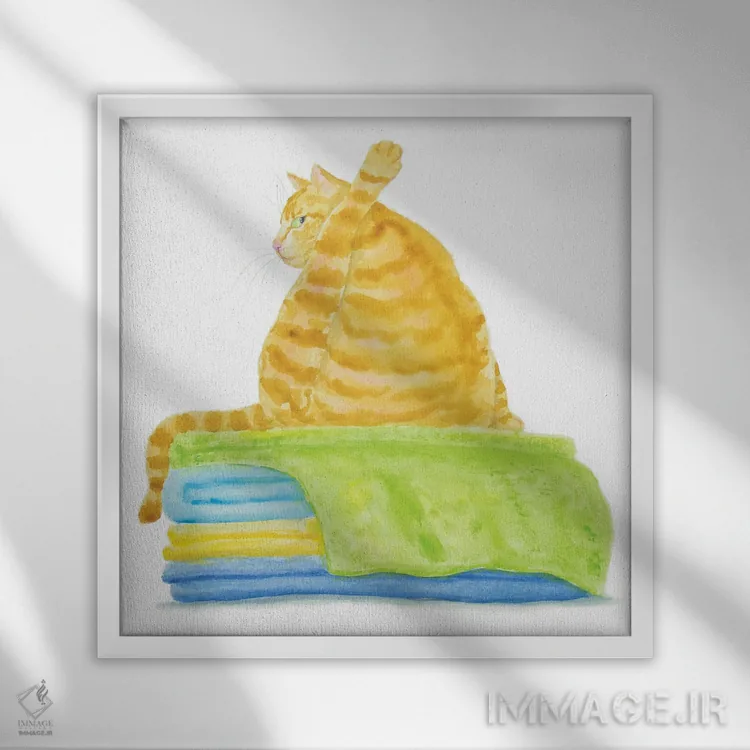 تابلو گربهٔ نارنجی روی حولهها اثر آلکسی دیمیتریویچ شمیروف - نمای قابدار سفید