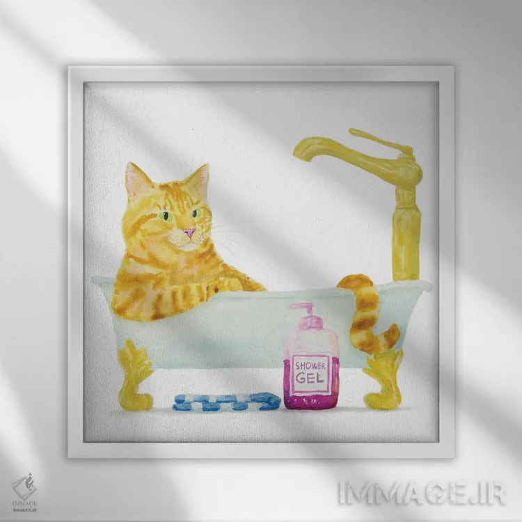 تابلو گربهٔ نارنجی در وان اثر آلکسی دیمیتریویچ شمیروف - نمای قابدار سفید