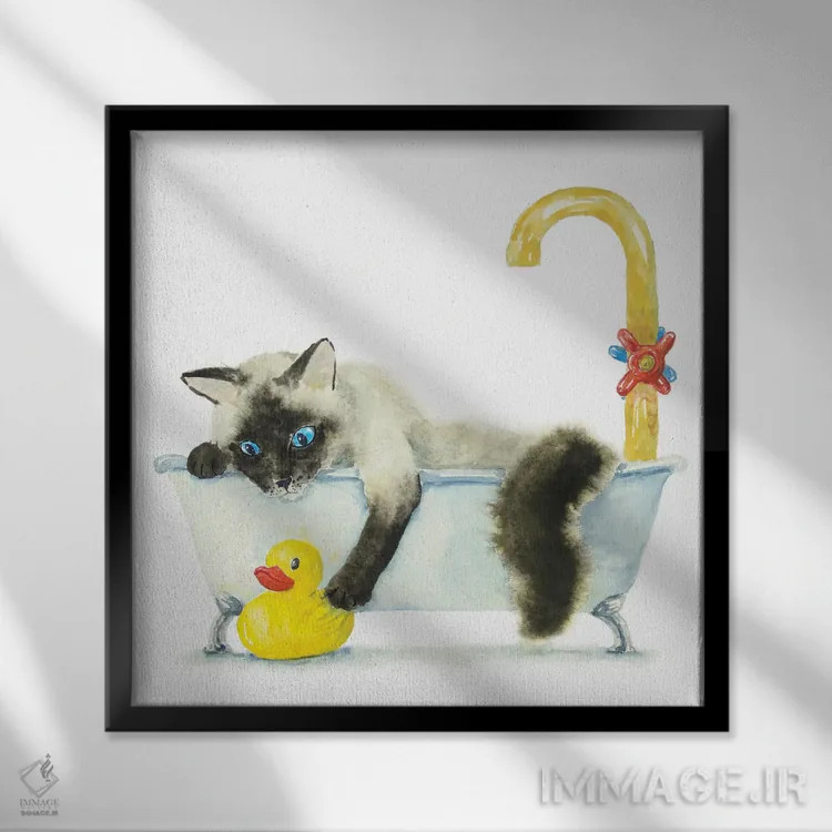 تابلو گربهٔ سیامی رگدال در وان اثر آلکسی دیمیتریویچ شمیروف - نمای قابدار مشکی