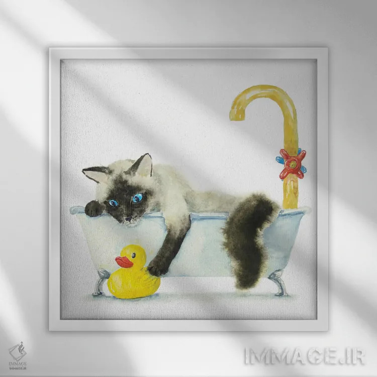 تابلو گربهٔ سیامی رگدال در وان اثر آلکسی دیمیتریویچ شمیروف - نمای قابدار سفید