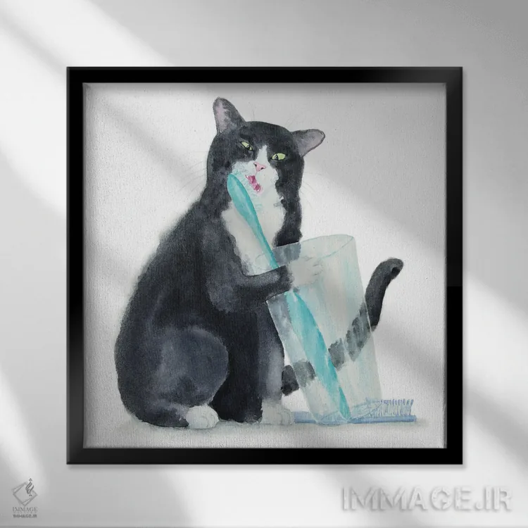 تابلو گربهٔ تاکسیدو و مسواک اثر آلکسی دیمیتریویچ شمیروف - نمای قابدار مشکی