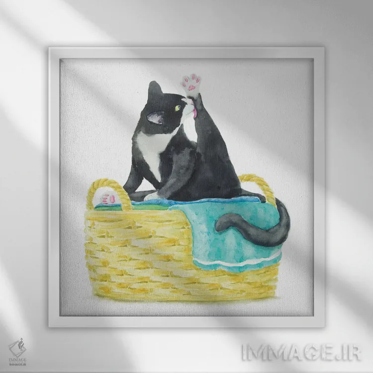 تابلو گربهٔ تاکسیدو روی حولهها اثر آلکسی دیمیتریویچ شمیروف - نمای قابدار سفید