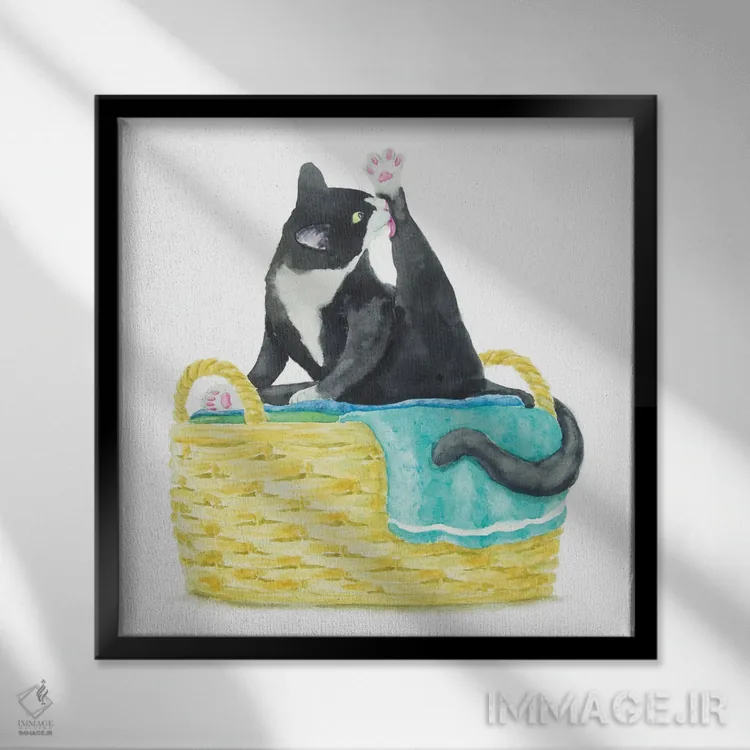 تابلو گربهٔ تاکسیدو روی حولهها اثر آلکسی دیمیتریویچ شمیروف - نمای قابدار مشکی