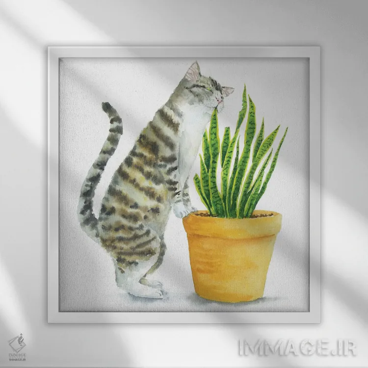 تابلو گربهٔ تیبی و گیاهان خانگی اثر آلکسی دیمیتریویچ شمیروف - نمای قابدار سفید