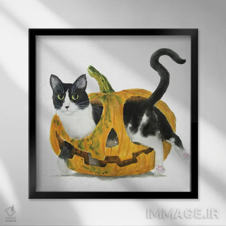 تابلو گربهٔ تاکسیدو در کدو تنبل اثر آلکسی دیمیتریویچ شمیروف - نمای قابدار مشکی