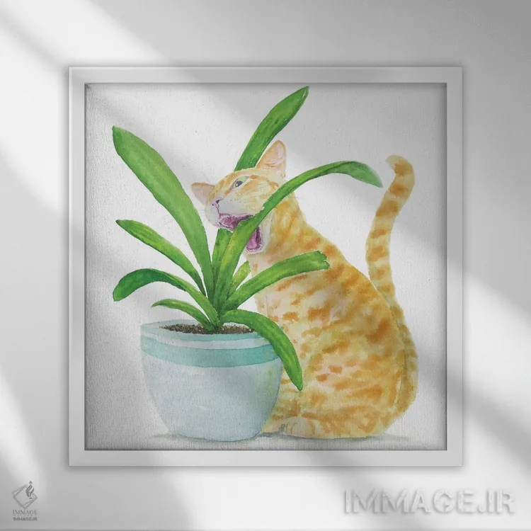 تابلو گربهٔ نارنجی و گیاهان خانگی اثر آلکسی دیمیتریویچ شمیروف - نمای قابدار سفید